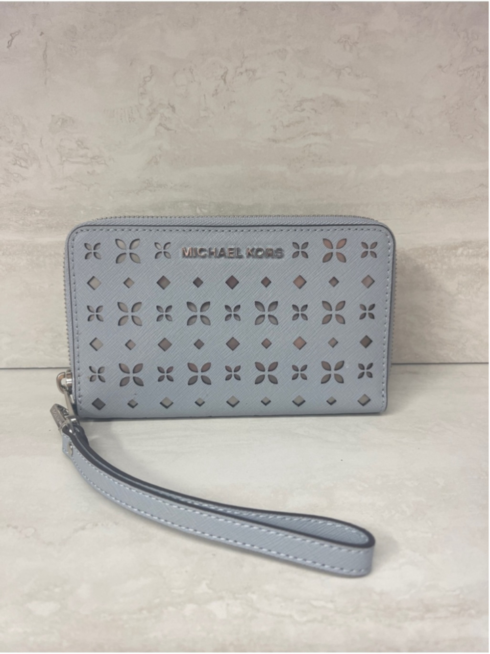 Michael Kors Jet Set Travel LG Phone Case Wallet/Wristlet Laser Cut Dusty Blue